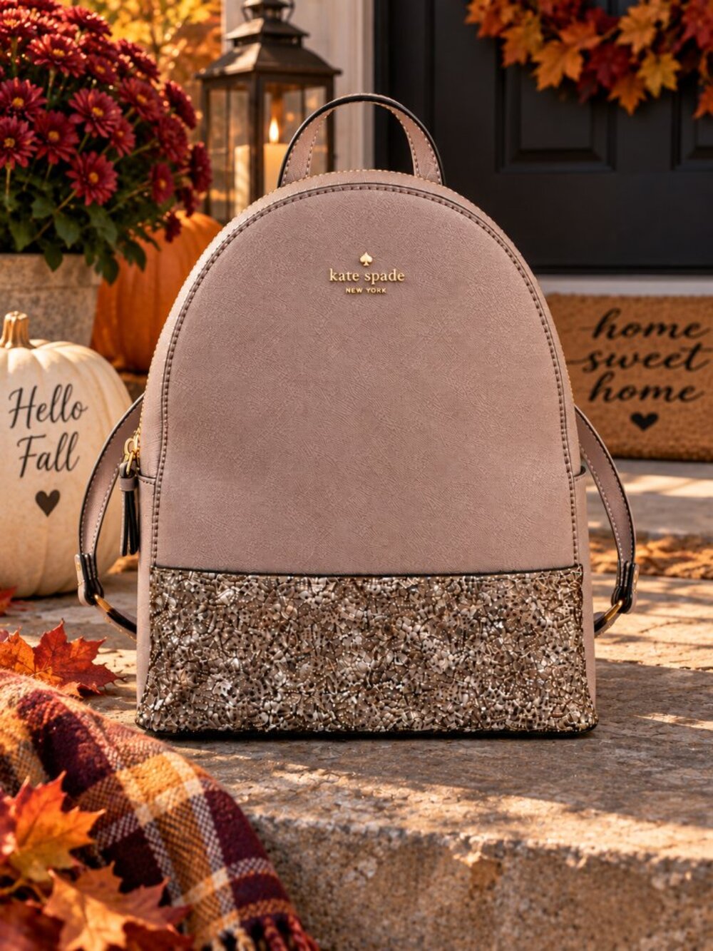 KATE SPADE New York Greta Court Sammi Glitter Backpack Taupe Shoulder Bag